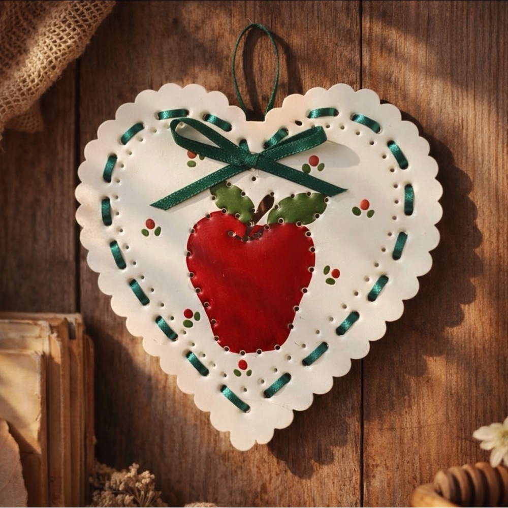 Vintage Punched Tin Heart Apple Wall Hanging Handcrafted 1988 KB Design USA